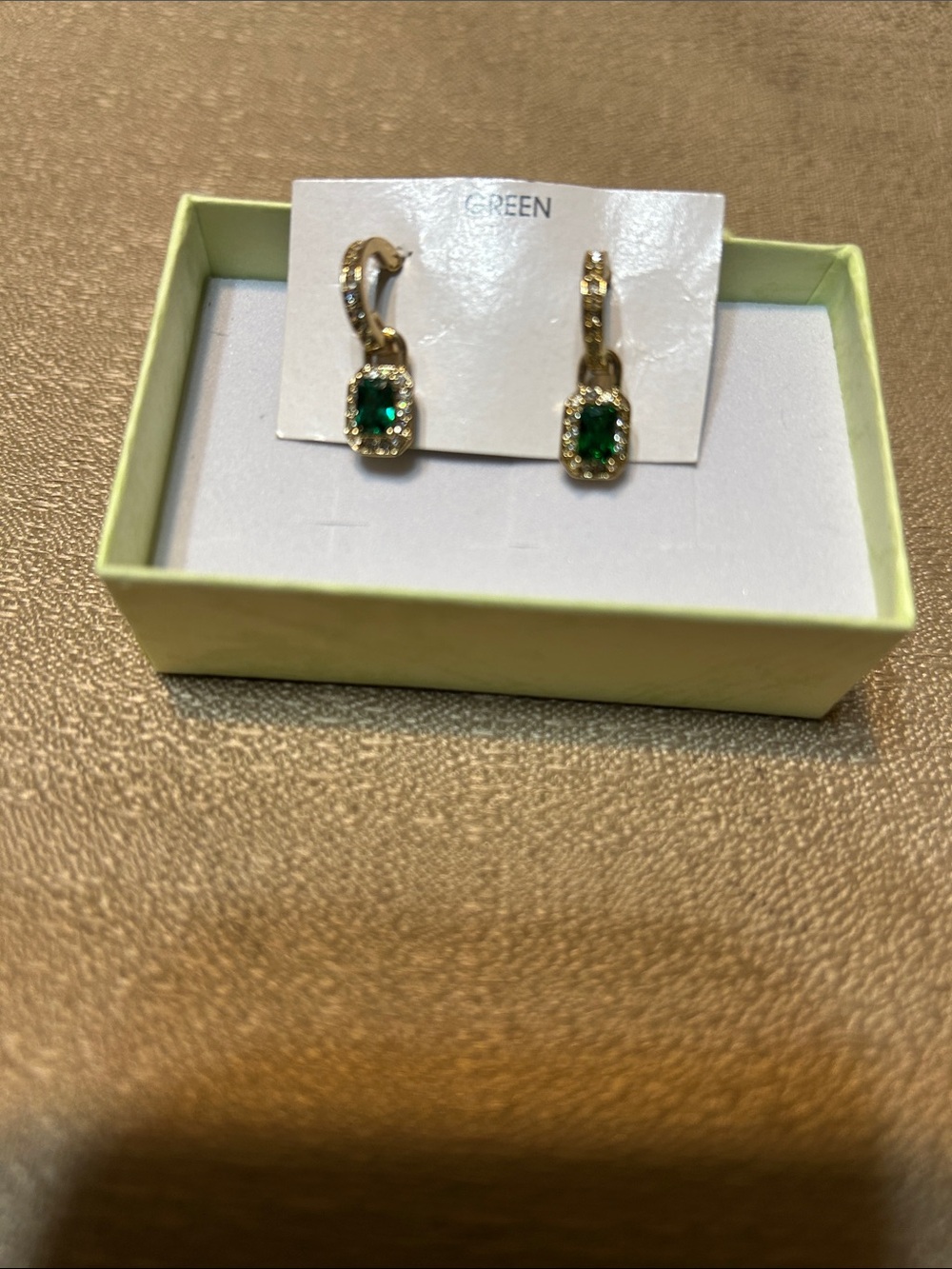 Gold-Tone Emerald Drop Earrings with Clear Halo